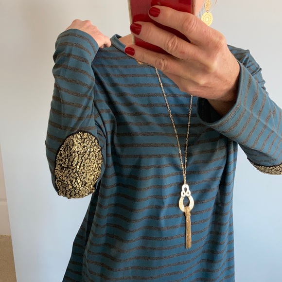 Stripes & Sequin Elbow Patch Tunic Top - Picture 5 of 9